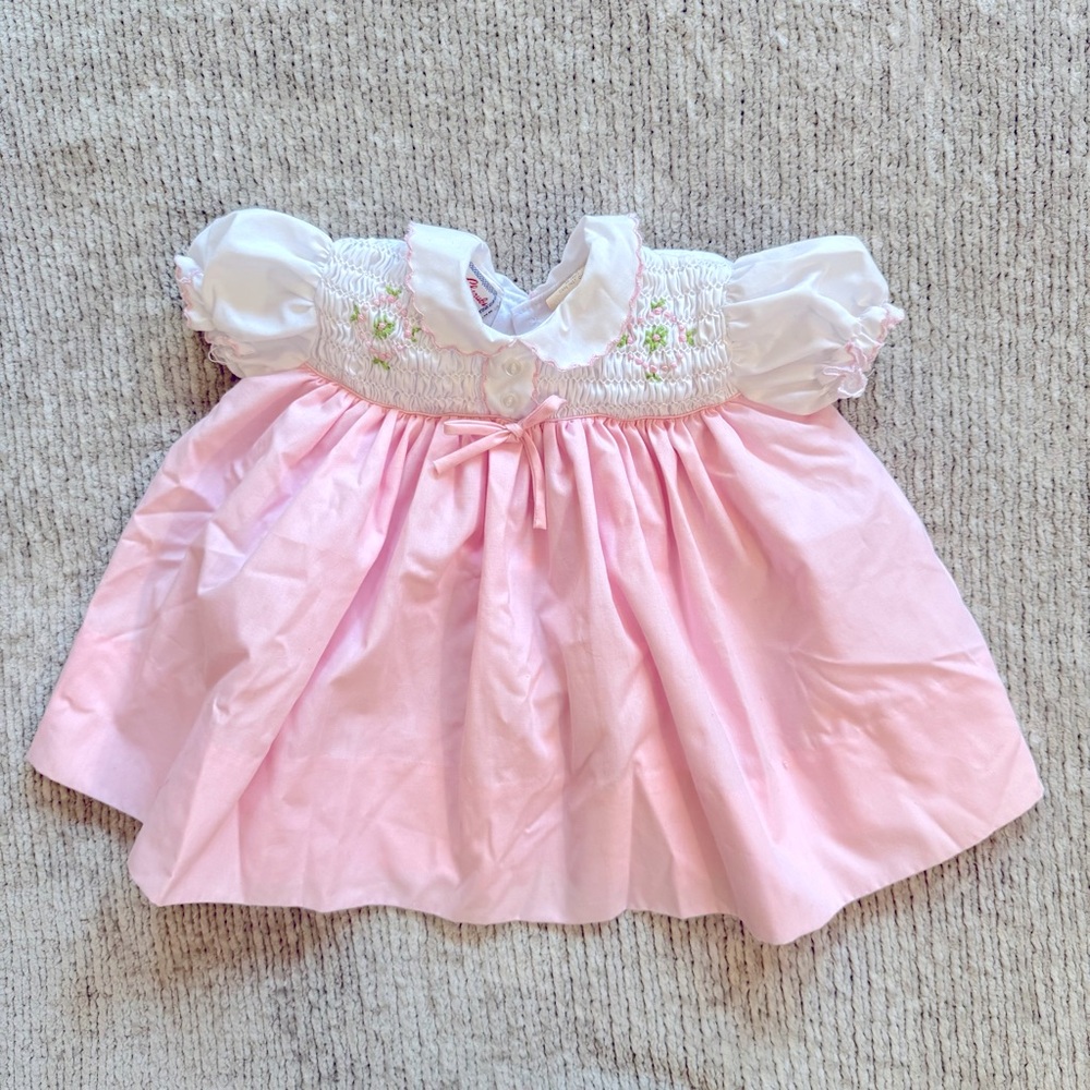 Vintage Cherubs by Wonderalls Baby Dress Pink Smocked Embroidery Puff Sleeve 12M